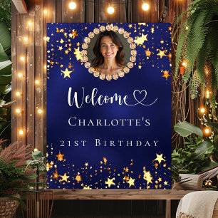 Poster Marinho de aniversário estrelas de ouro azul