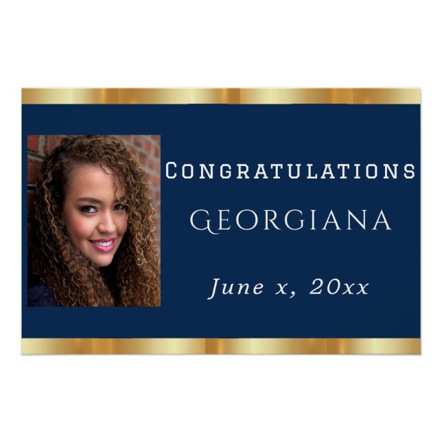 Póster Marinho de Graduação Foto Azul Dourada Satin (Frente)