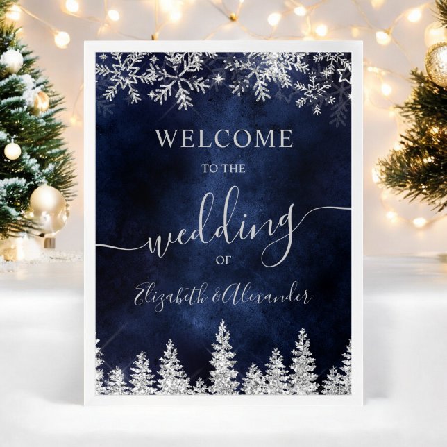 Poster Marinho de pinheiro de prata casamento no inverno  (Silver snow pine navy Christmas winter wedding Poster)