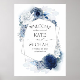 Poster Marinho de prata e Casamento Floral Azul empoeirad