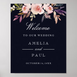 Poster Marinho de Sinais de Boas-vindas, Peônias de Aquar