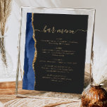 Poster Marinho do Bar de Casamento Azul Dourado Agate Esc<br><div class="desc">Um sinal elegante para o seu menu de bar de casamento. As palavras "menu bar" aparecem na caligrafia dourada com hastes no início e no fim, com texto personalizável abaixo. Uma marinho azul-água agate design aparada com cintilação falsa dourada decora a borda esquerda em um fundo preto ardente. Veja a...</div>