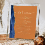 Poster Marinho do Bar de Casamento Feira Dourada Azul<br><div class="desc">Um sinal elegante para o seu menu de bar de casamento. As palavras "menu bar" aparecem na caligrafia dourada com hastes no início e no fim, com texto personalizável abaixo. Uma marinho de cor azul-design agate, cortada com brilho dourado faux, decora a borda esquerda em um fundo laranja ou ferrugem...</div>