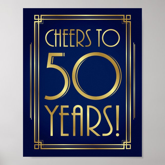 Poster Marinho Dourado Art Deco CHEERS PARA 50 ANOS Sinal (Frente)