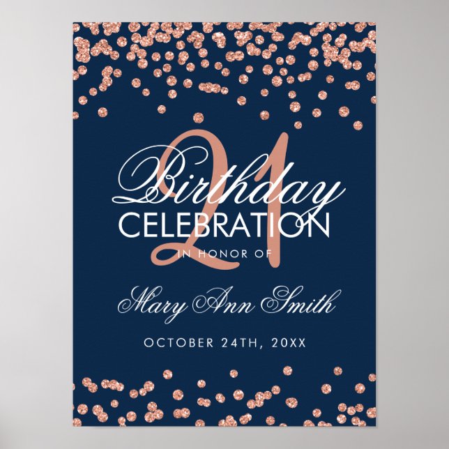 Poster Marinho Dourado rosa  Azul-Glitter Confetti aniver (Frente)