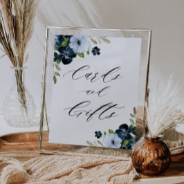 Poster marinho e sinal azul-claro de cartões florais e pr