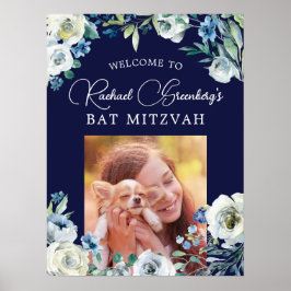 Poster Marinho Elegante Blue Floral Bat Mitzvah Bem-vindo