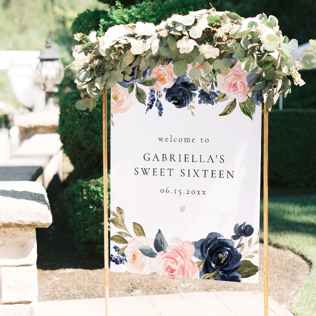 Poster Marinho Elegante Blush Floral Sweet 16 Bem-vindo (Criador carregado)