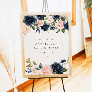 Poster Marinho Elegante Chá de fraldas Floral Azul Bem-vi