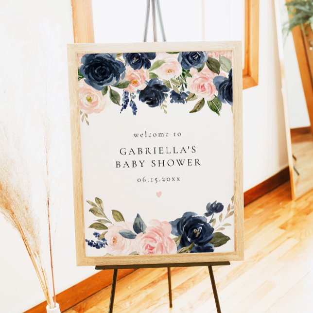 Poster Marinho Elegante Chá de fraldas Floral Azul Bem-vi (Criador carregado)