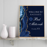 Poster Marinho Elegante, Festa de Bat Mitzvah, Gato Azul<br><div class="desc">O elegante marinho azul e dourado enfeita o lado deste moderno partido Bat Mitzvah poster de boas-vindas. O nome da sua filha está escrito em um belo roteiro formal sob a Estrela de David. Perfeito para uma família judaica na moda que comemora uma garota sendo chamada para a Torá.</div>