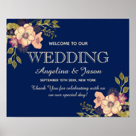 Poster Marinho Floral Blue Welcome Weding