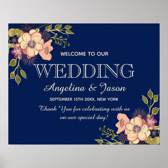 Poster Marinho Floral Blue Welcome Weding (Frente)
