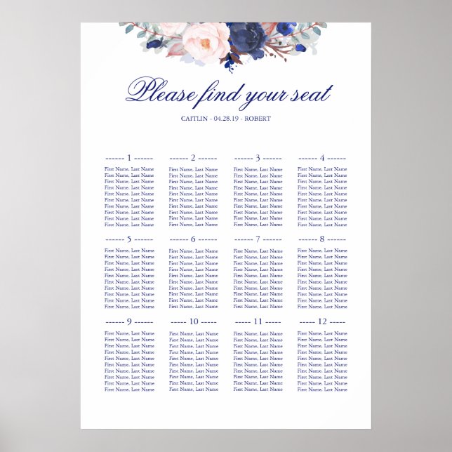 Poster Marinho Floral e Blush Weding Sating Chart (Frente)