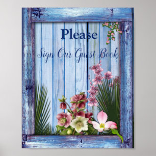 Poster Marinho - Flores Azul Texturadas e Rosa