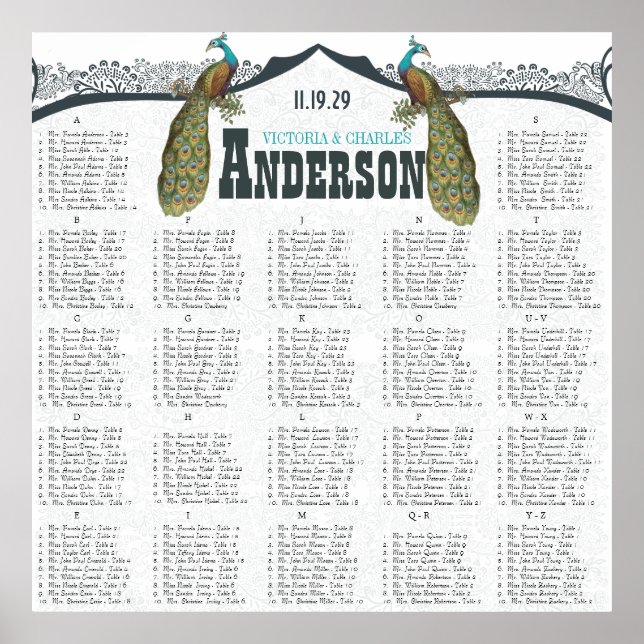 Poster Marinho Peacock Love Bird Seating Chart (Frente)