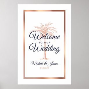 Poster Marinho Rosa Dourado Palm Tree Weding Bem-vindo