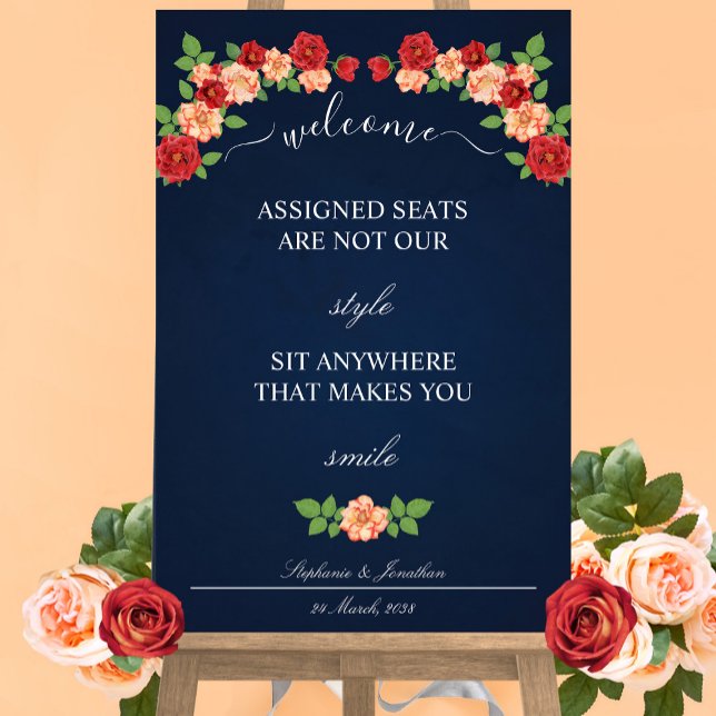 Poster Marinho Rosa vermelha Azul Sentado Em Qualquer Lug (Navy Blue Red Rose Sit Anywhere Wedding Seating Poster)