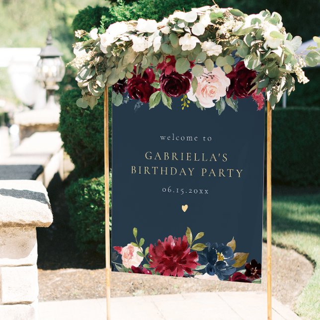 Poster Marinho Russo Burgundy Festa de aniversário Floral (Criador carregado)