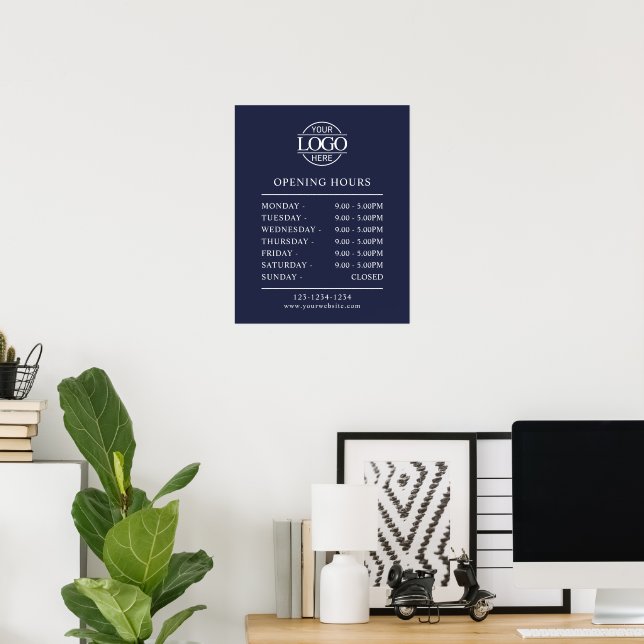 Poster Marinho Simples Moderno Azul | Horas de Abertura d (Escritório em casa)
