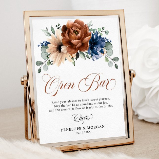 Poster Marinho Terracotta Chá de panela Azul Sinal de Bar (Wedding open bar sign terracotta and navy floral. )