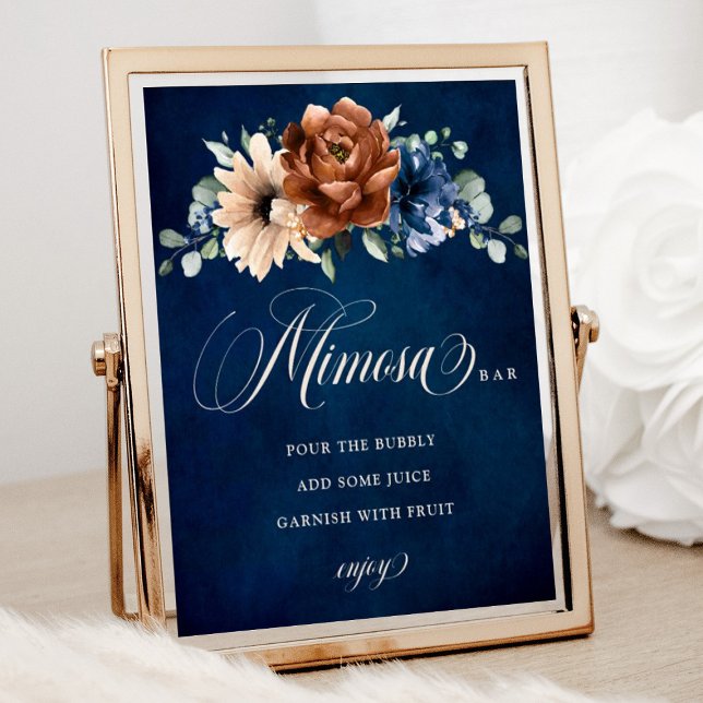 Poster Marinho Terracotta - Sinal de Bar Azul Mimosa (Mimosa bar bridal shower sign with terracotta and navy blue flowers)