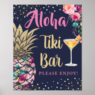 Poster Marinho tropical Bar azul abacaxi cor-de-rosa, cor