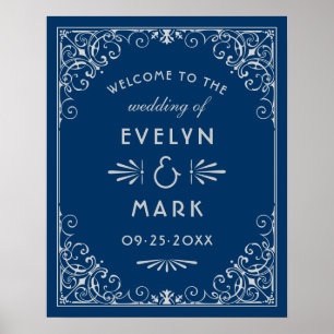 Póster Marinho Vintage Blue Art Deco Weding Welcome