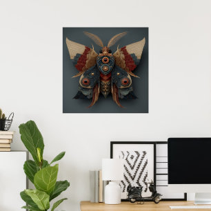 Poster Mariposa 3D Simétrica Ornamentada com Acentos Dour