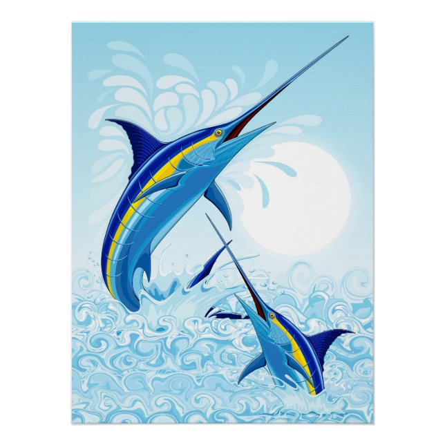 Póster Marlin Azul Saltando do Oceano (Frente)