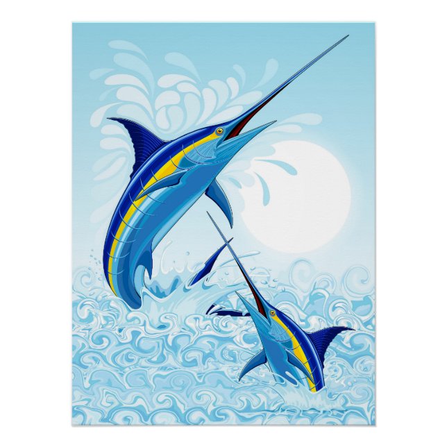 Póster Marlin Azul Saltando do Oceano (Frente)