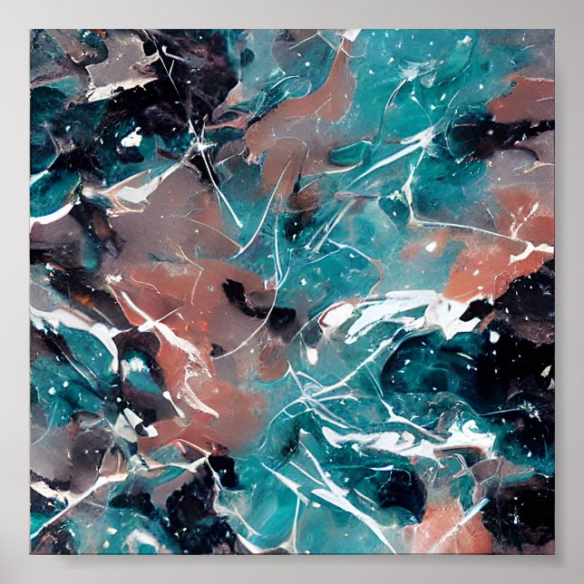 Poster Mármore abstrato azul-turquesa e laranja (Frente)