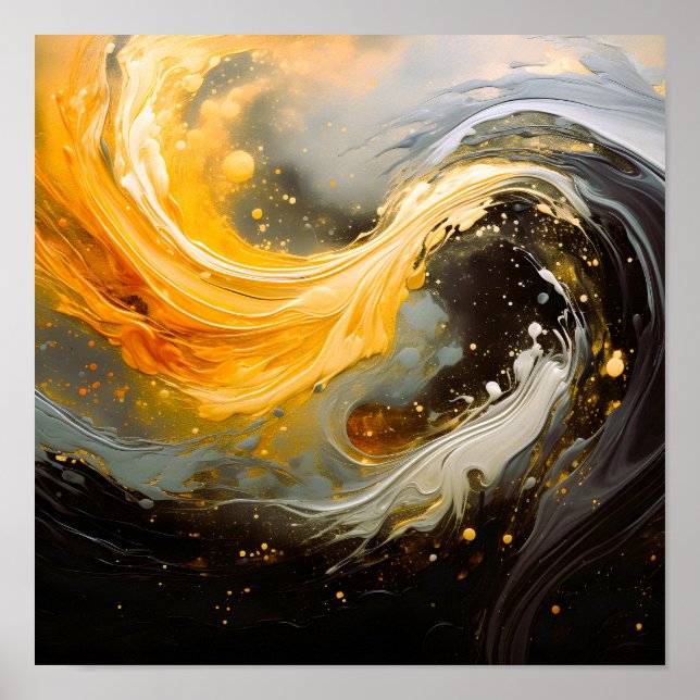 Poster Mármore Abstrato Dourado Ondas Modernas (Frente)