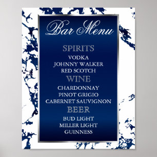 Poster Mármore Azul-Marinho, Prata e Branco - Menu do Bar