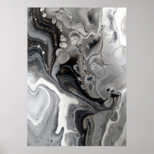 Póster Mármore Fluido Preto Branco Abstrato Cinza Prata