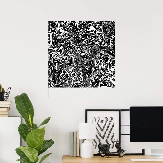 Poster Mármore Líquido Preto e Branco Abstrato (Escritório em casa)