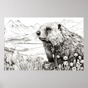 Poster Marmot Peaceful Nature Prairie Sketch Desenho Arte