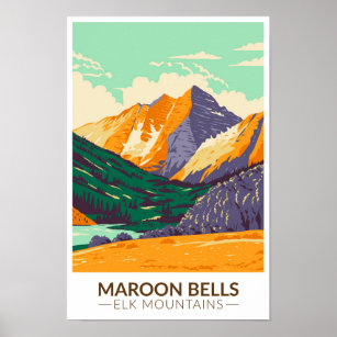Poster Maroon Bells Elk Mountain Colorado Vintage