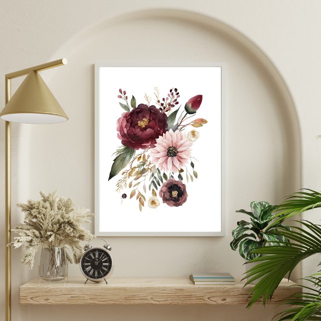 Poster Maroon Burgundy Pink Watercolor Botânica (Burgundy Maroon Blush Pink Watercolor Floral Botanical Poster)