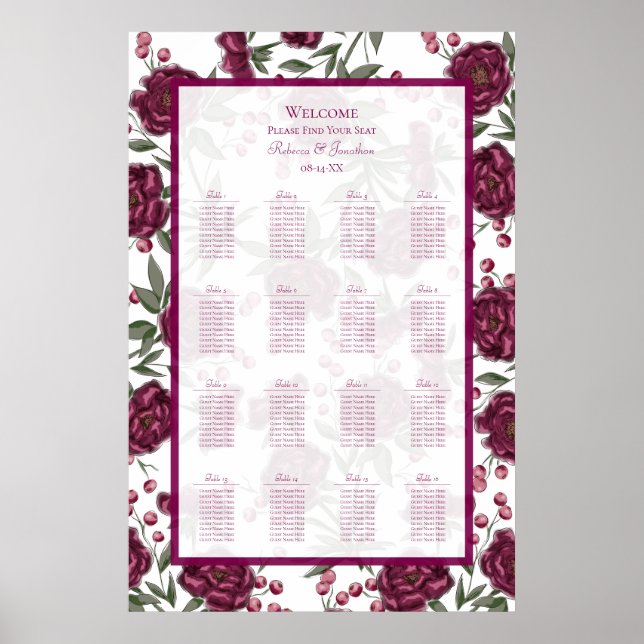 Poster Maroon Rose Wedding Seating Chart (Frente)