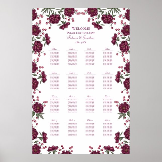 Poster Maroon Rose Wedding Seating Chart (Frente)