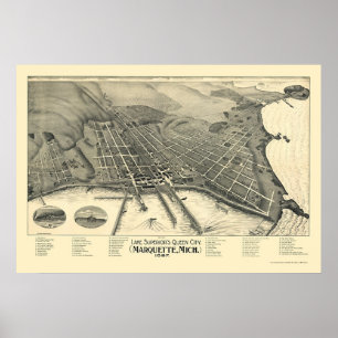 Póster Marquette, mapa panorâmico do MI - 1897