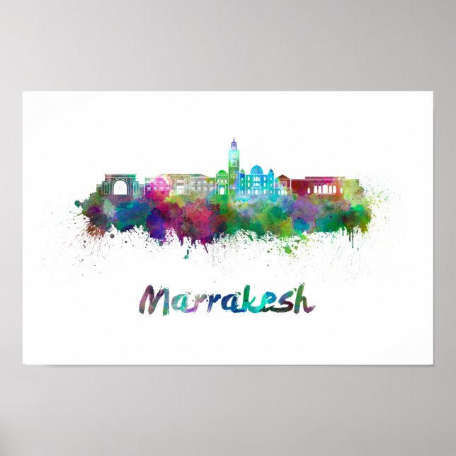 Póster Marrakesh skyline em aquarela (Frente)