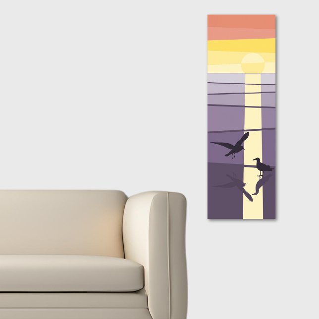 Poster Marrãs roxas de laranja na arte de vetor de costa (Purple Orange Seabirds at Shore Vector Art Poster)