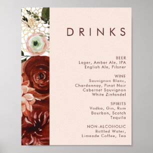 Poster Marsala Autumn Floral Menu Bebidas Nuptivas