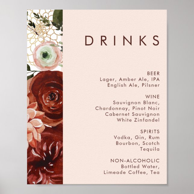 Poster Marsala Autumn Floral | Menu Bebidas Nuptivas (Frente)