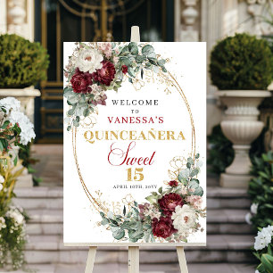 Poster Marsala Borgonha Floral Dourado Quinceanera Boas-V