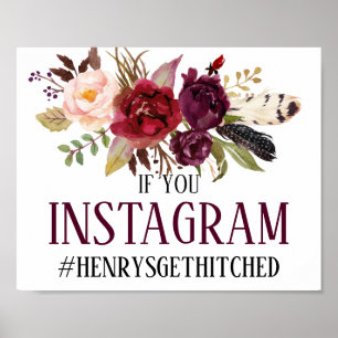 Poster Marsala Burgundy Boho Floral Instagram Hashtag