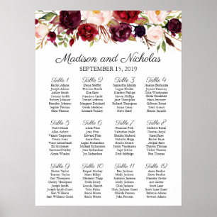 Poster Marsala e carta floral do assento do casamento do