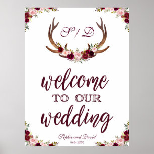 Póster Marsala Floral Antlers É Bem-Vindo Ao Nosso Sinal